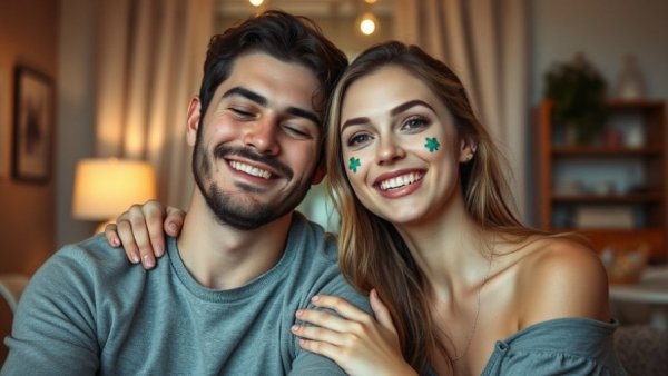 Young couple showcasing Rhode x Biebers pimple patches in a cozy setting.