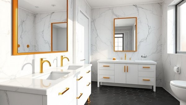 Luxurious bathroom design with dual sinks and marble finish.