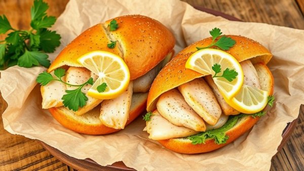 High-protein fish sandwiches with lemon and herbs on rustic wood.
