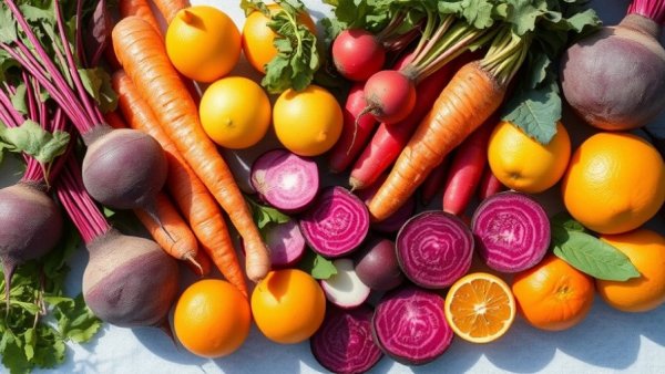 Colorful vegetables and fruits on a textured surface