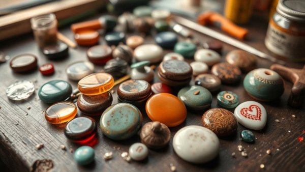 DIY Magnets for Mother’s Day: Various handmade magnets on a table.