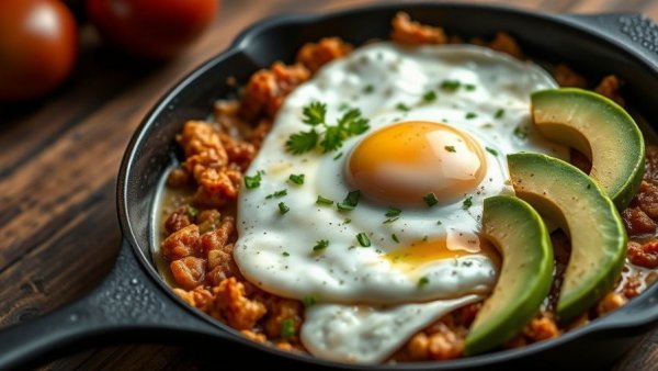 Iron-rich foods breakfast skillet with egg and avocado.