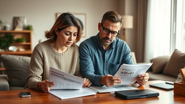 Couple considering mortgage payment options in living room.