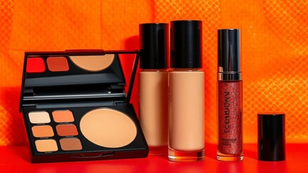 Vibrant makeup products ideal for women over 40 against orange background.