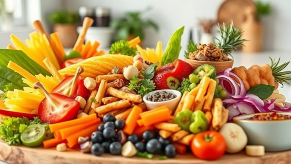 Colorful healthy snacks for weight loss in a bright setting.