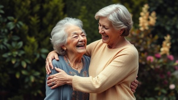 Elderly woman hugged by young woman in a garden, showing love.