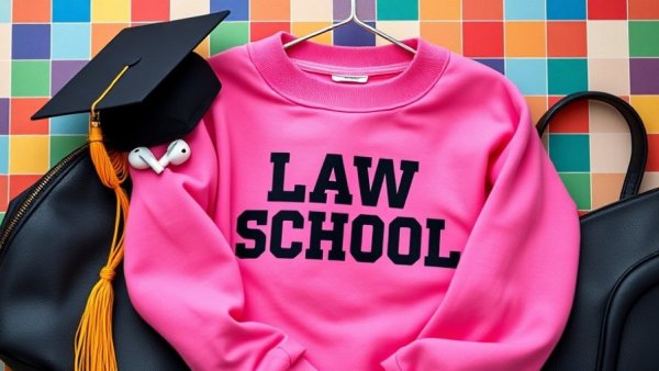 Assorted law school graduation gifts on colorful background