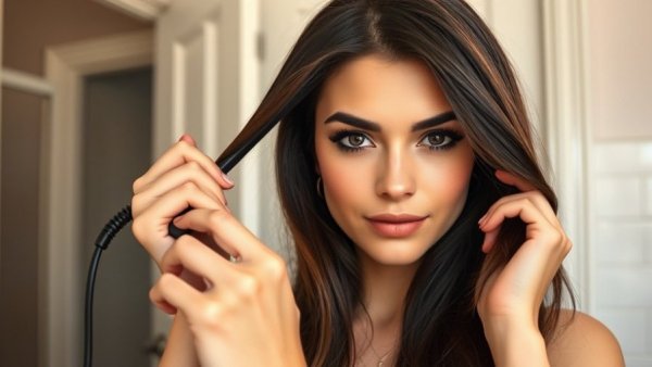 Woman using the best hair straighteners in modern bathroom.