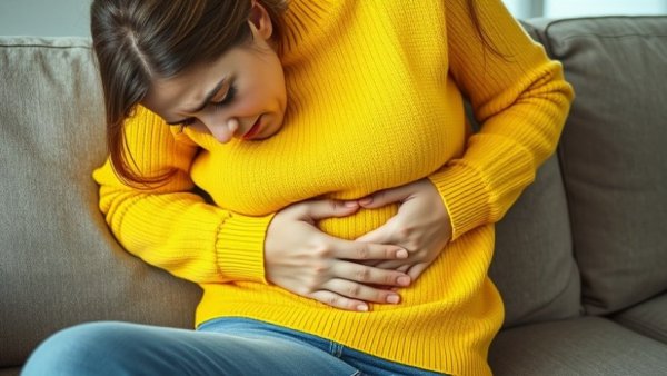 Woman lying on couch, holding stomach, prevent recurrent UTIs.
