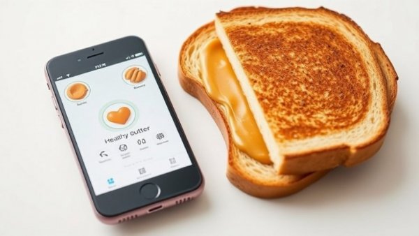 Healthy eating apps displayed on smartphone with peanut butter jar.