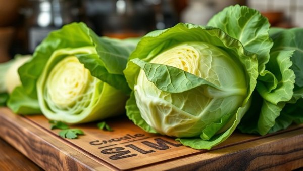 Fresh cabbage halves showcase health benefits of cabbage.