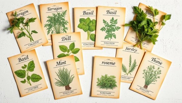 Assorted seed packets for fresh herbs guide on a white surface.