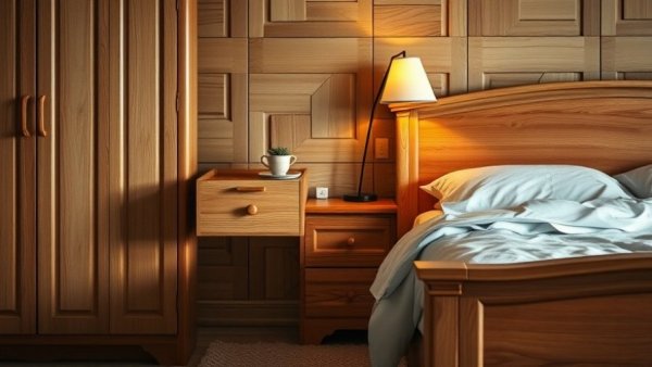 Eco-friendly wooden bedroom furniture set in warm tones.