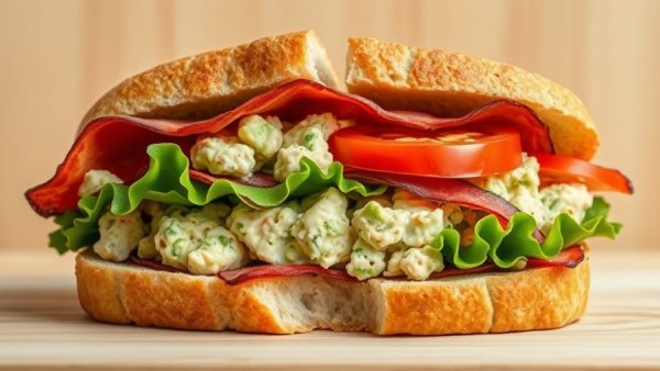 Vibrant avocado chicken salad sandwich with bacon and tomato.