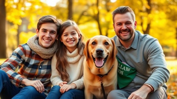 Loving family with cheerful child and dog enjoying sunny park, raising emotionally intelligent children.