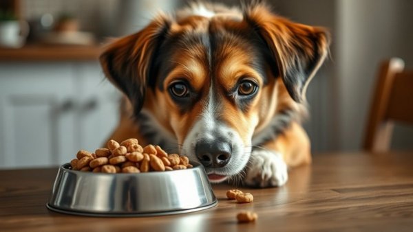 Curious dog observing kibble for gut health on wooden table.