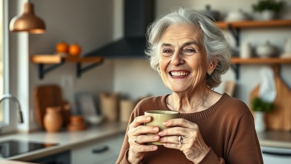 Joyful woman enjoying coffee in sunlit kitchen, highlighting extra virgin olive oil benefits for brain health.