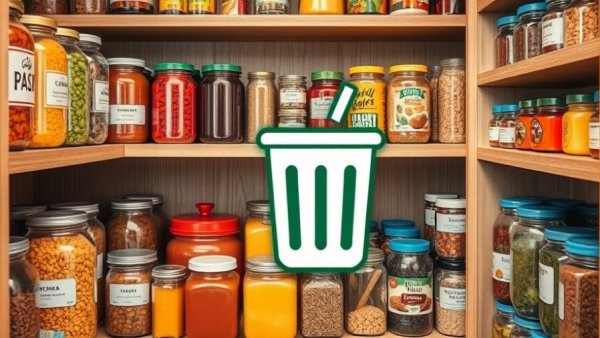 Colorful pantry items with trash icon for disposal advice.