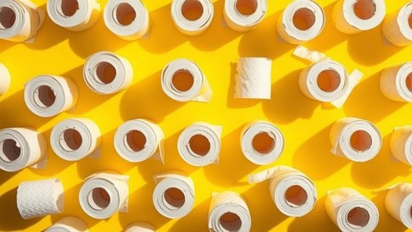 Neatly arranged toilet paper rolls on a yellow background for natural remedies for constipation relief.