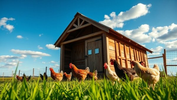 Rustic wooden backyard chicken shelter with roaming chickens.