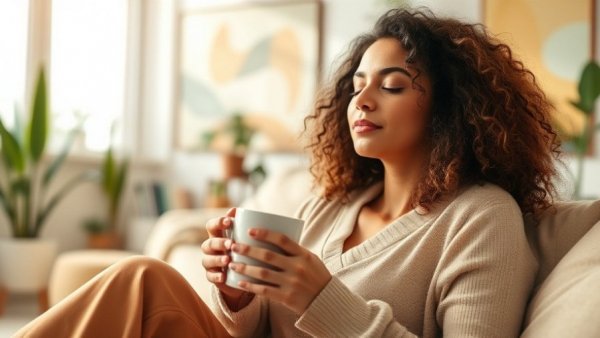 Calm woman in light holding a mug, Scientifically Proven Ways to Relieve Stress Quickly.