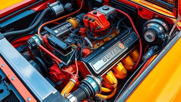 Car engine detailed view showing vibrant components.