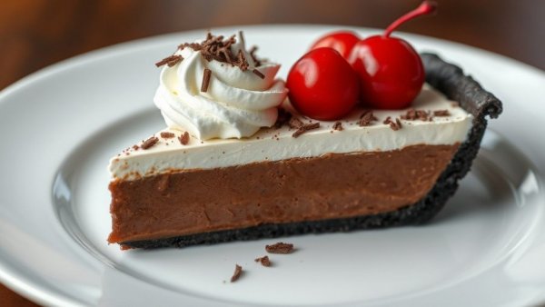 Slice of chocolate pudding pie with whipped cream and cherry.