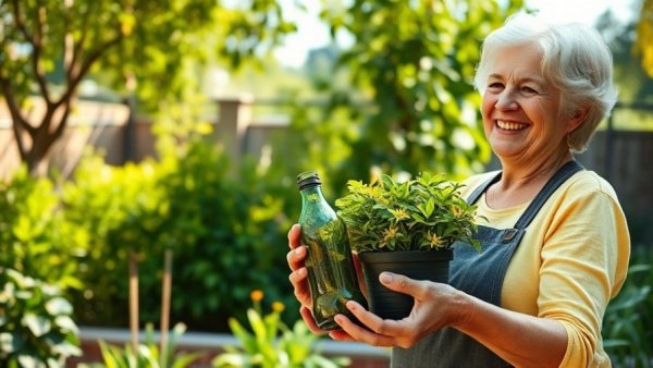 Older woman gardening with a bottle planter, boosting productivity.