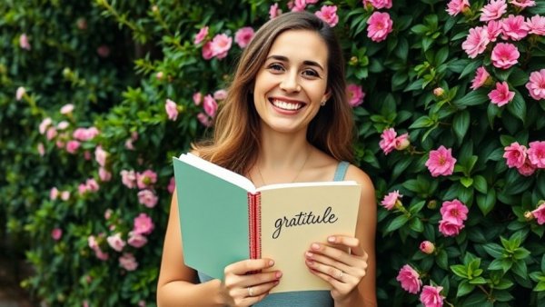 Woman holding gratitude journal in nature, benefits of gratitude journals for teens.