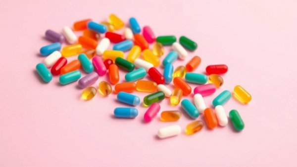 Colorful vitamins organized in weekly dispenser on pink background.