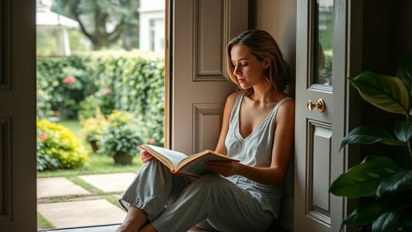 Woman enjoying a book in a doorway for hobbies for happiness and health.