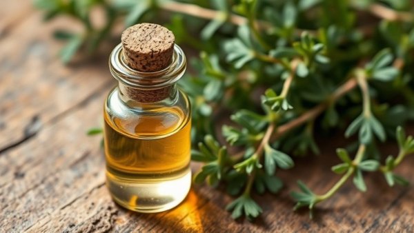 Glass vial with cork of oregano oil and fresh leaves on wood.