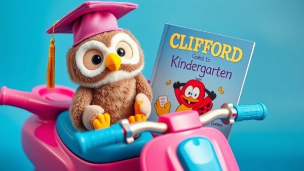 Best preschool graduation gifts: plush owl, book, scooter on blue.