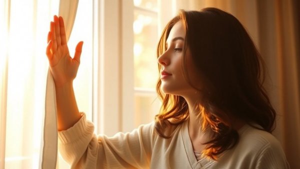 Morning rituals for sharpness: Woman opens curtains in sunlit room.
