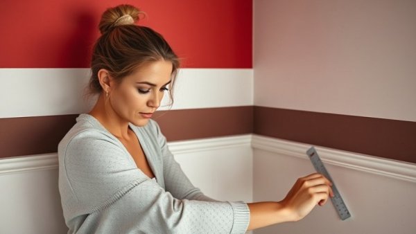 Woman measuring wall for painting stripes, indoor light.
