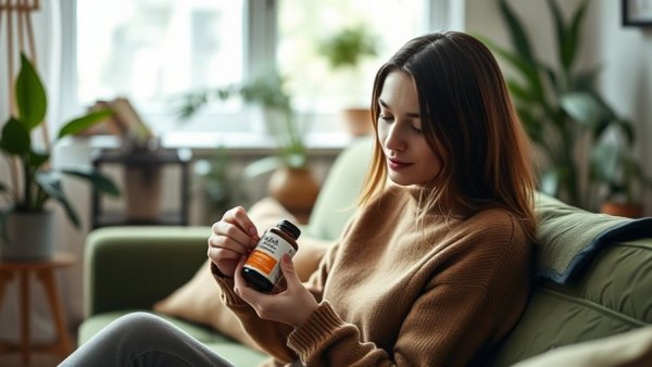 Young woman inspecting vitamins, seated comfortably, focusing on expired vitamins safety.