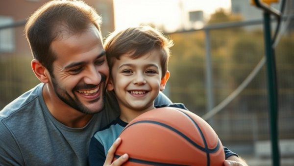 Father and son bonding over basketball in a parenting assessment poster.