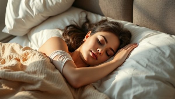 Serene woman in bed catching up on weekend sleep