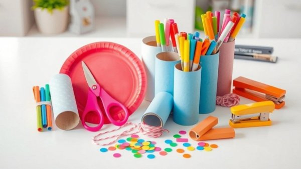 DIY Toilet Paper Roll Bird Feeder supplies including markers, rolls, and scissors.