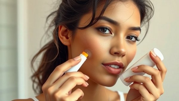 Young woman applying best tinted sunscreen indoors with grid overlay.