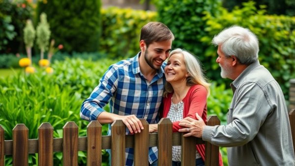 Friendly young and older couple chatting over a fence, Meeting New Neighbors Tips.