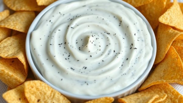 Cream cheese ranch dip with tortilla chips on white cloth.