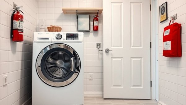 Laundry room safety setup with fire extinguishers for homeowners.