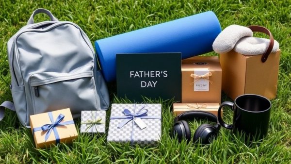 Father's Day gifts displayed on grass surface.
