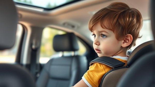 Young child in booster seat for family road trip.