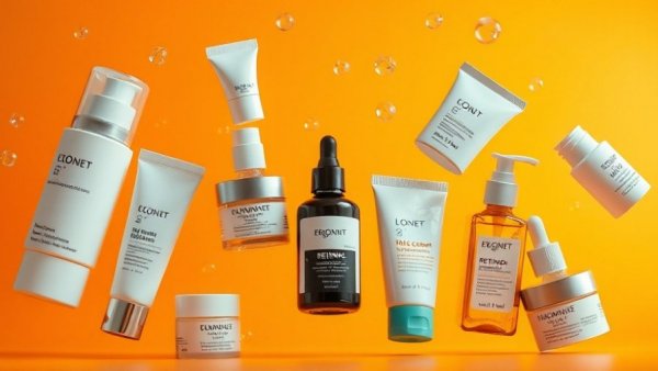 Floating drugstore retinol products with a vibrant background.