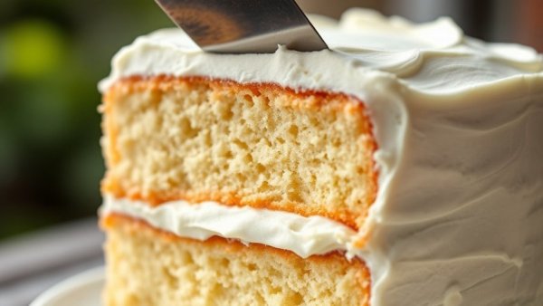 Close-up two-layer vanilla cake with white frosting being sliced.
