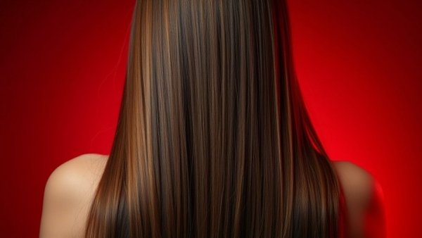 Back view of shiny long hair under soft red light therapy.