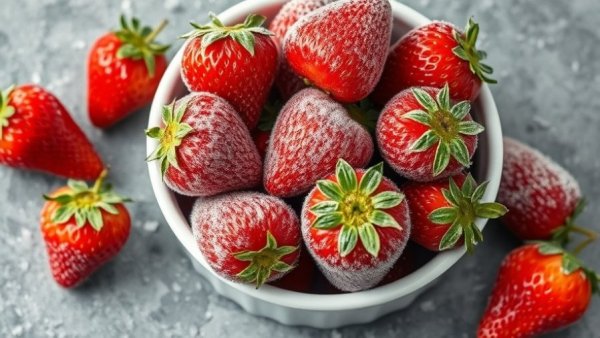 Frozen strawberries in a bowl on a gray surface.