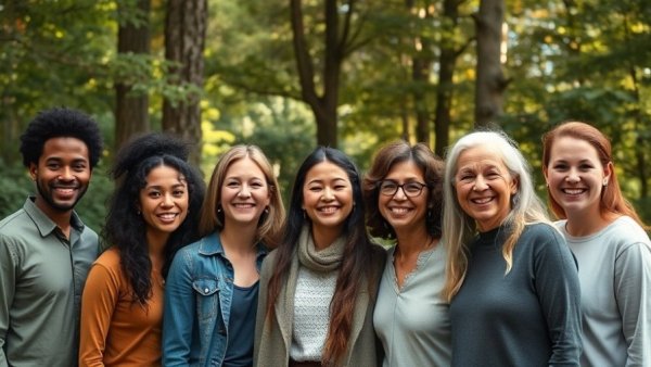 Diverse group smiling, embracing the definition of family beyond blood.